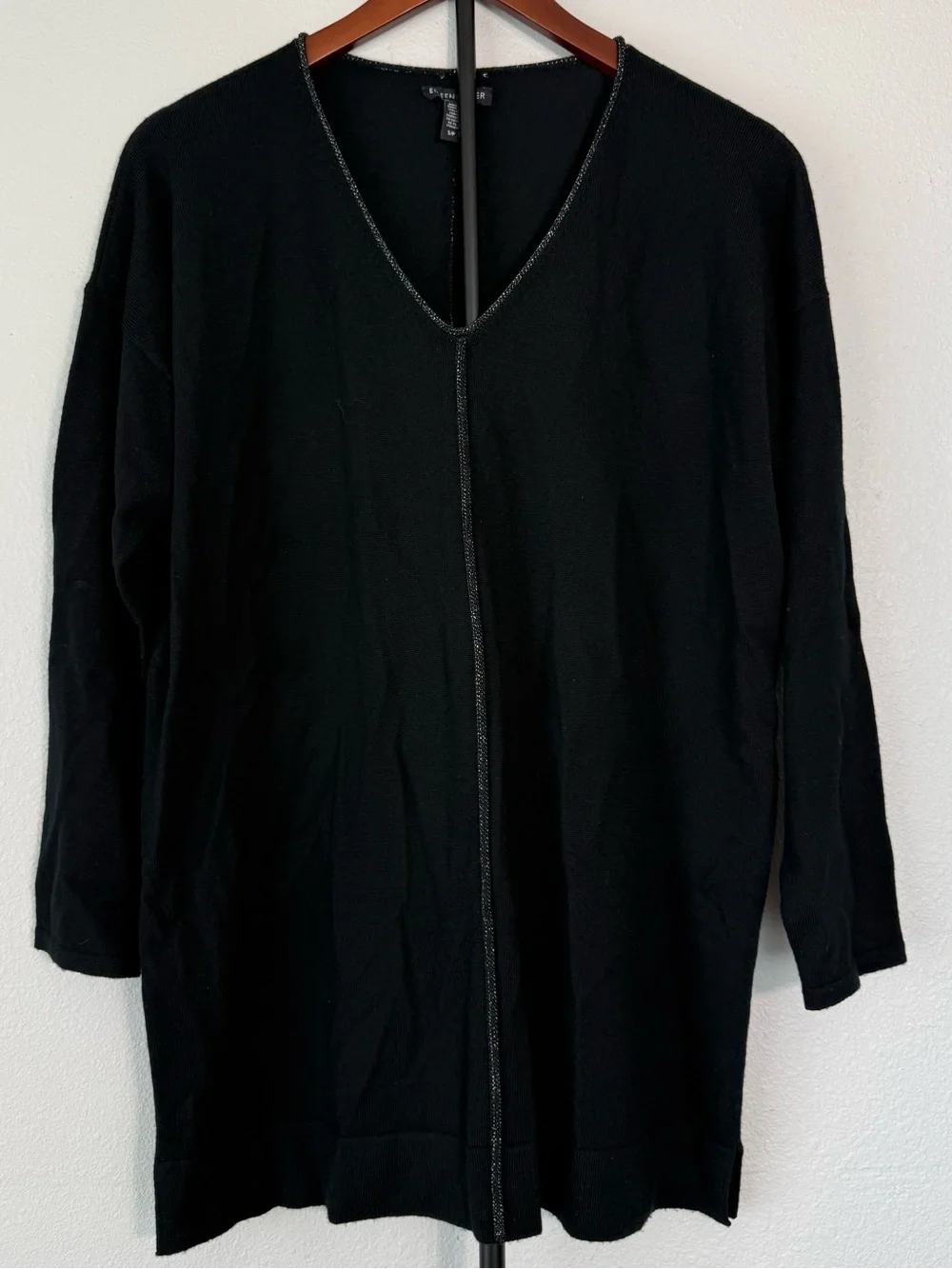 Eileen Fisher Merino Wool Metallic Trim V Neck Sweater Black Women Size S